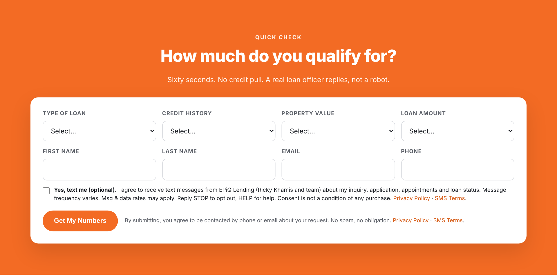 rickykhamis.com lead form showing the optional, unchecked text message consent checkbox and disclosure